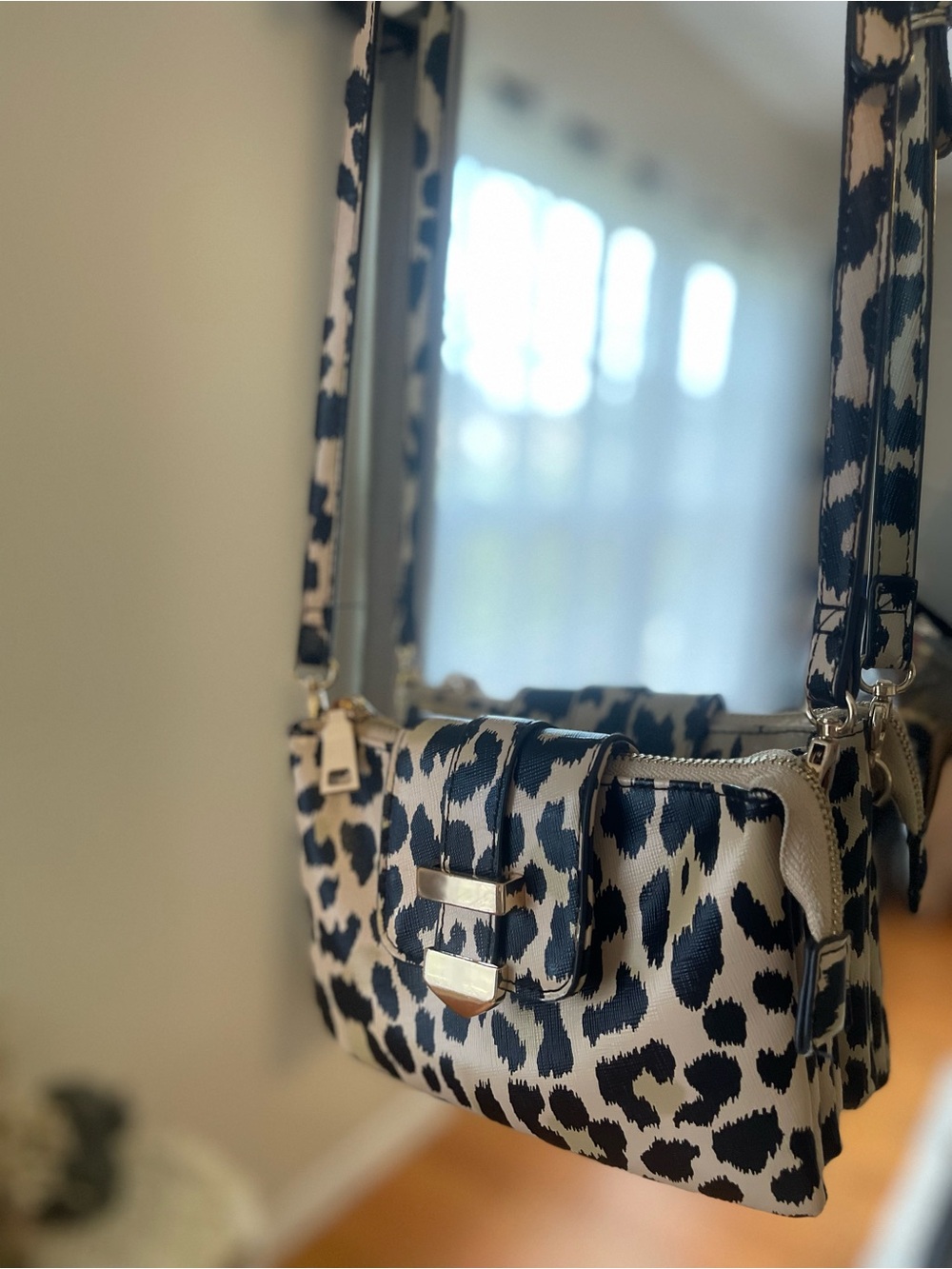 Leopard Print Crossbody Bag with Gold Accent in Black and Cream